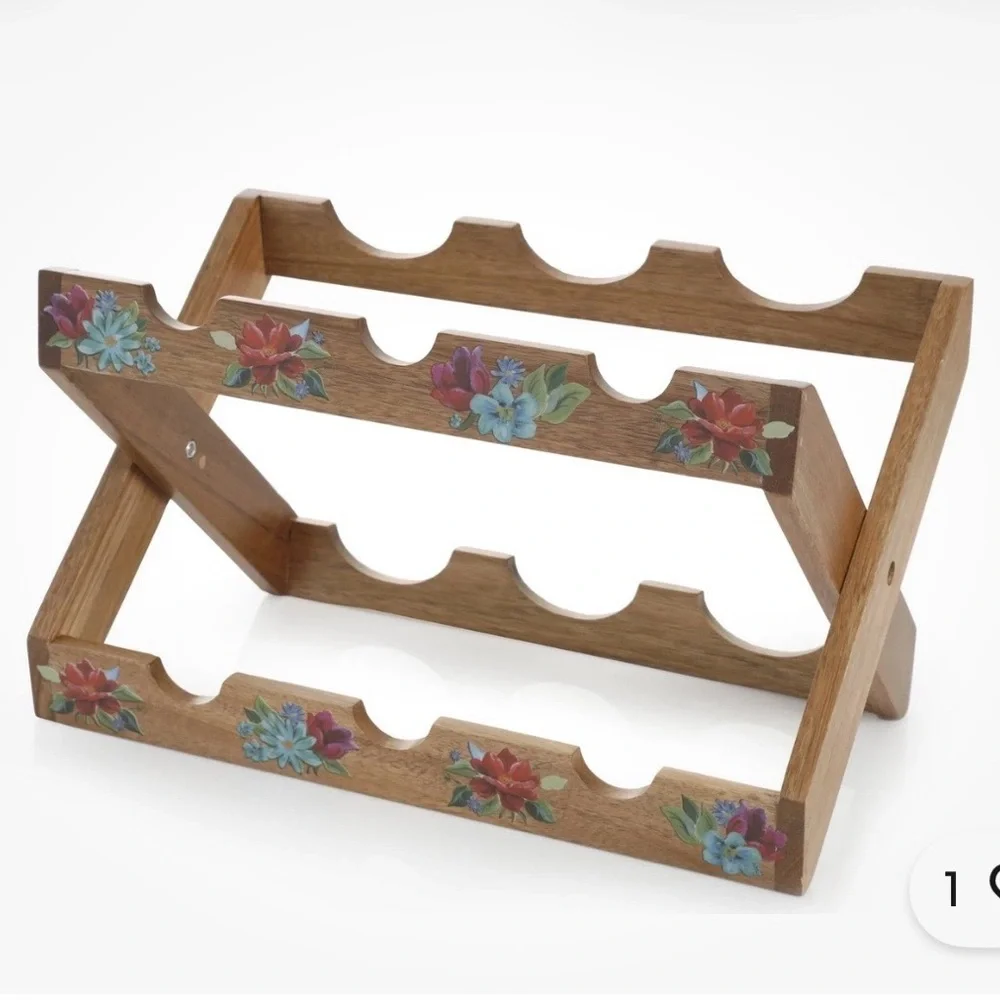 NEW The Pioneer Woman Spring Bouquet Acacia Wood Wine Rack 6-Bottle Folding NIB